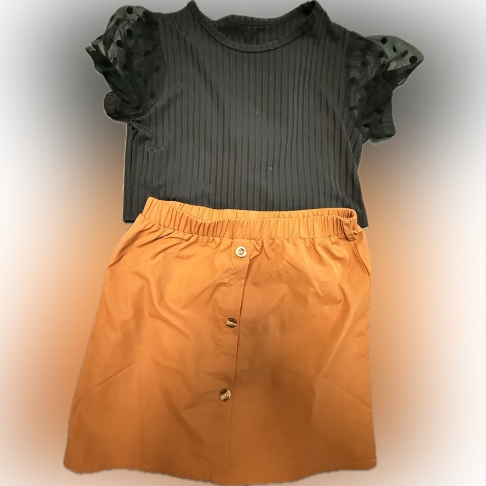 Black top and Orange skirt